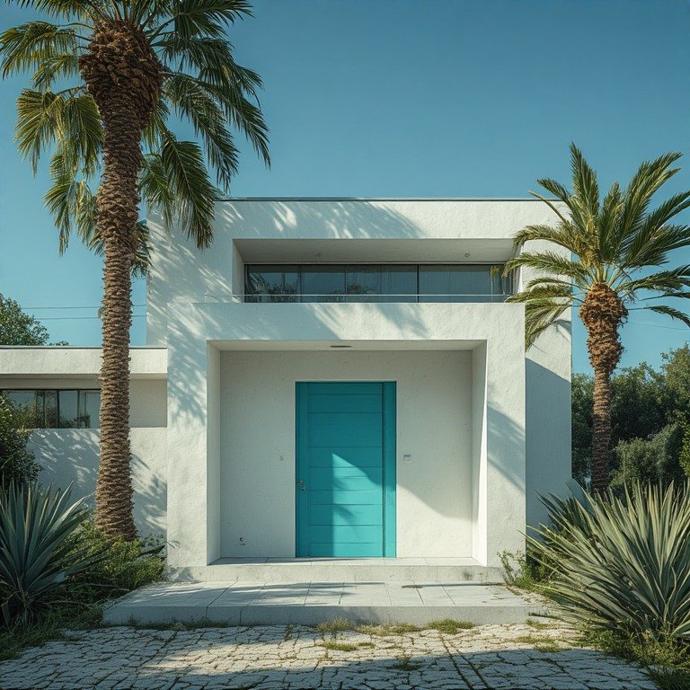 A modern house with a minimalistic design featuring clean white walls and a flat roof. A prominent turquoise door provides a striking accent to the building. Two tall palm trees tower beside the structure, under a clear blue sky.